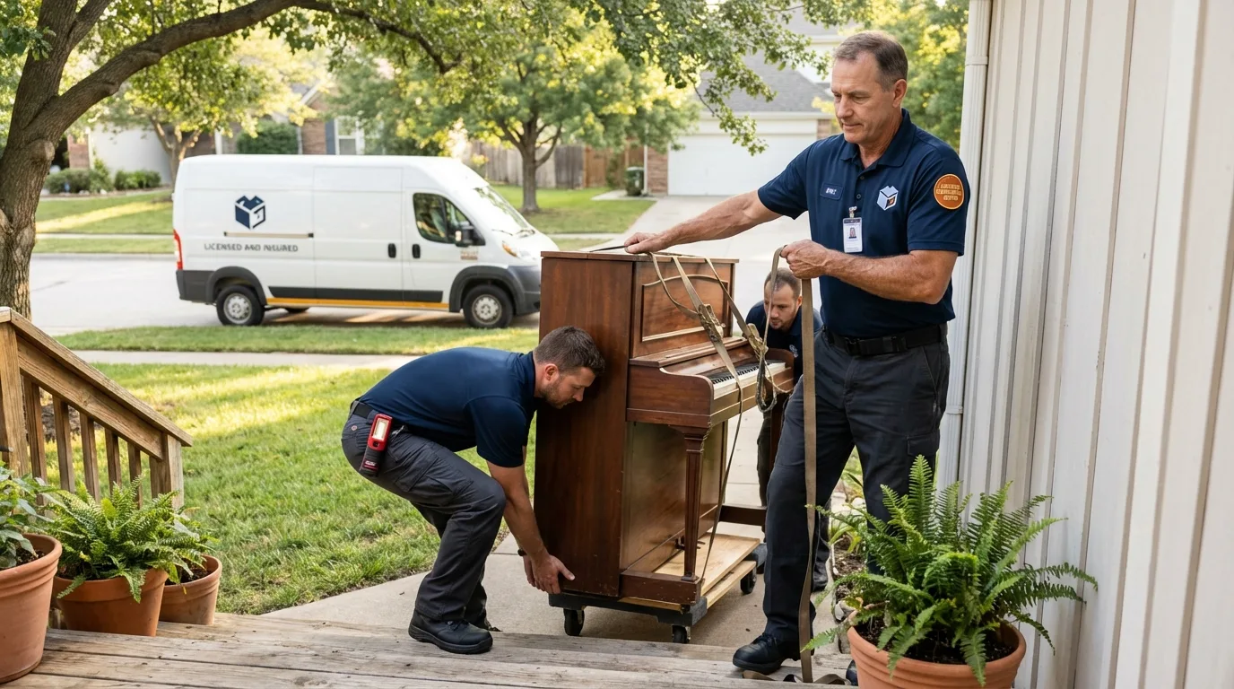 Licensed piano movers securing grand piano in Parsons, WV