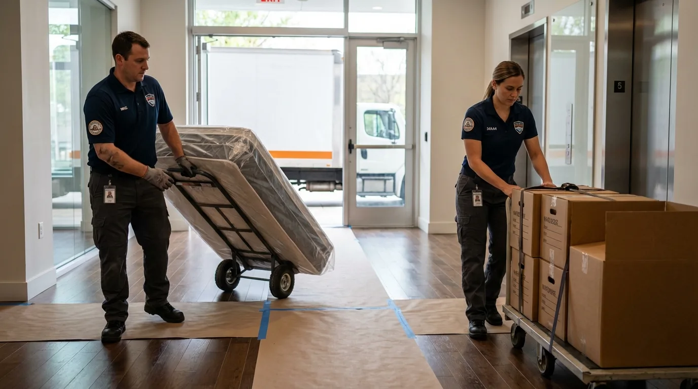 Professional apartment movers loading elevator in Parsons, WV