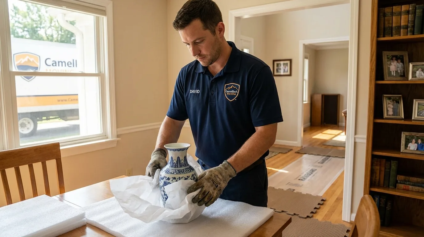 Professional crew carefully wrapping antique vase for senior downsizing move in Parsons, WV
